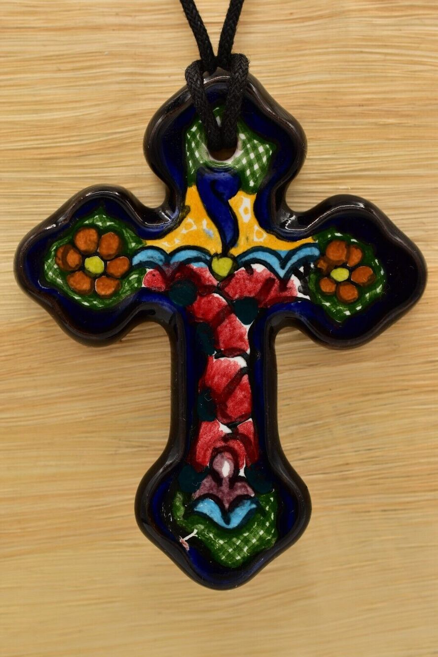 Vintage Cross Necklace Cross Ceramic Porcelain Painted Floral Handcrafted BinA17
